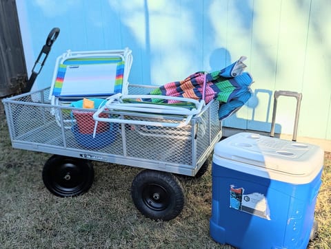 Beach day made easy with wagon, cooler, and gear ready to go.
