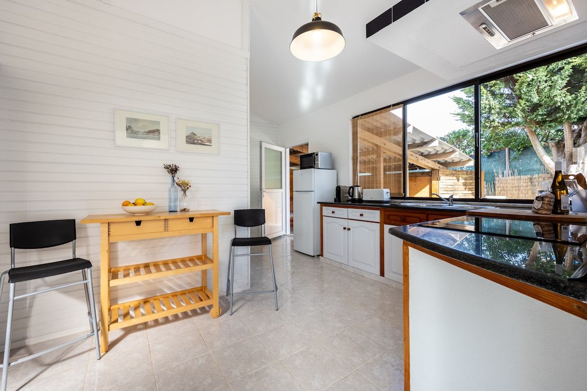 Spacious kitchen featuring a 4-ring induction hob and microwave/oven combo. Garden view and access to private garden and outdoor dining area.
