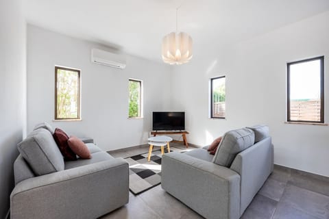 Living room with TV, 2 2-person couches, very luminous views to the private garden area