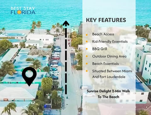 Beachside bliss in Hollywood, Florida! This coastal rental offers direct beach access, BBQ grill, outdoor dining, and kid-friendly amenities—just a 2-min walk to the shore. Nestled between Miami and Fort Lauderdale, it’s perfect for family vacations.