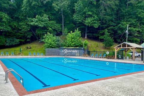 Riverside Pool is the closest pool to the Dancing Bear - it's an outdoor pool, about 1/4 mile away, across a swinging bridge from Fish Trap Park.