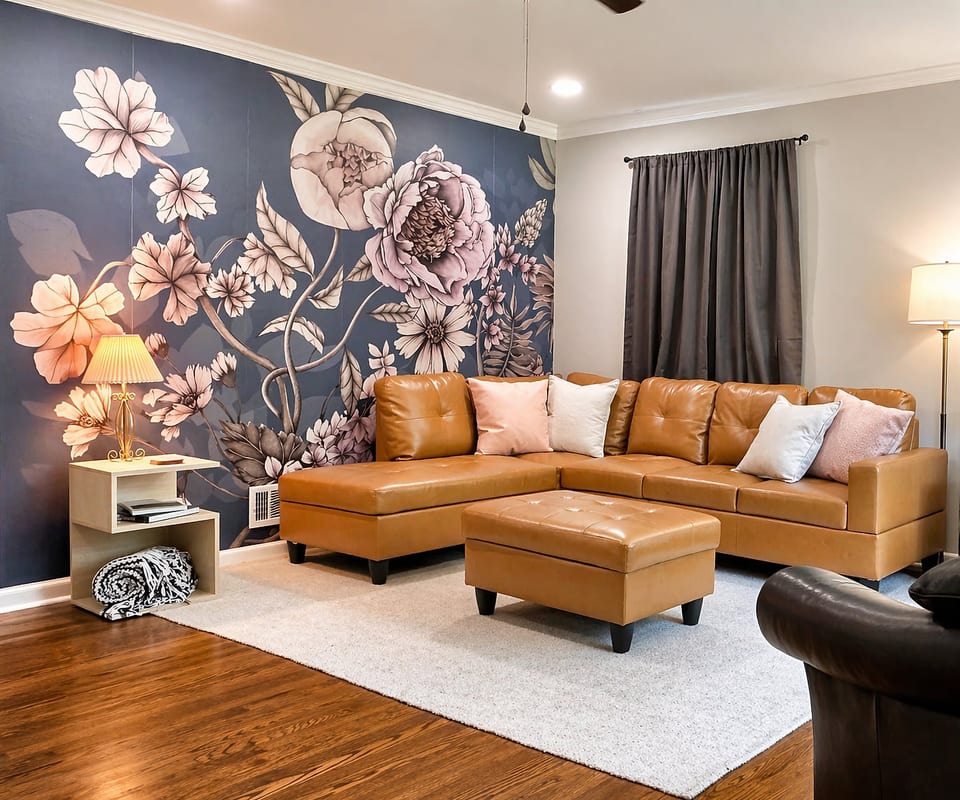 Pet and family-friendly living room: hypoallergenic seating, 58” smart TV, custom wallpaper.