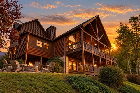 Sunset mountain cabin with expansive decks and a cozy fire pit