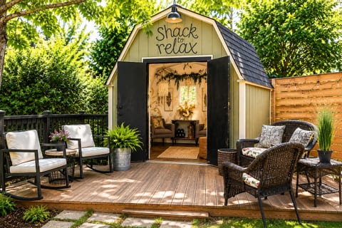 Charming backyard lounge with cozy deck seating and private garden vibe