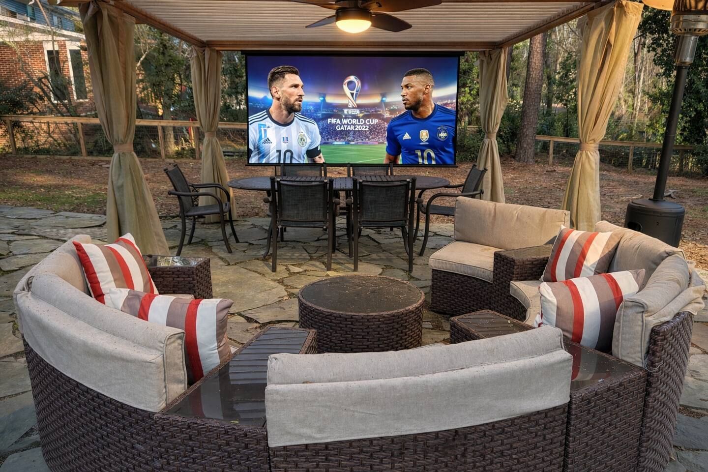 Private backyard patio oasis with pergola, spacious seating for groups, dining area, and grill—perfect for outdoor meals, movie nights, and relaxing under the fan. Gather around the firepit and enjoy a fully fenced space made for entertaining.