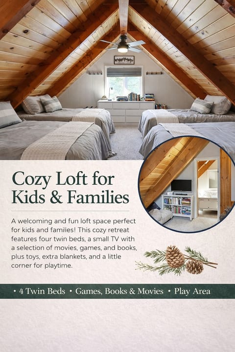 Extra blankets, four twin beds, and plenty of room to spread out make this an ideal kids' retreat.