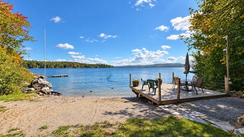 A relaxing waterfront setting with a spacious deck and beautiful lake views.