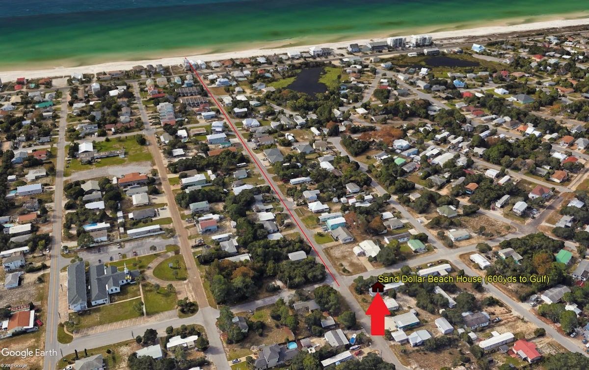 Birds eye view of Home and straight 4 minute walk to beach.