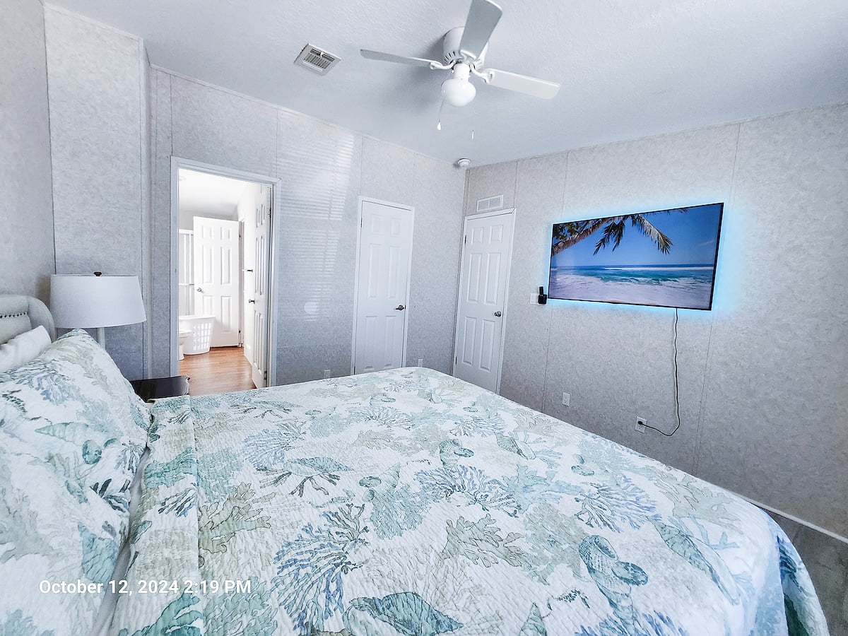 Master Bedroom with King Size Bed, ceiling fan, power strips for electronic devices, and a 55" Samsung Smart TV w/rear led lighting.