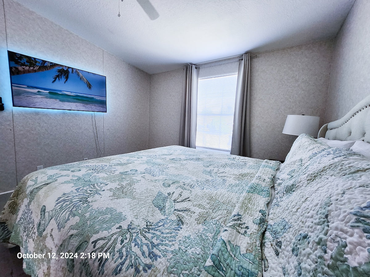 Master Bedroom with King Size Bed, ceiling fan, power strips for electronic devices, and a 55" Samsung Smart TV w/rear led lighting.