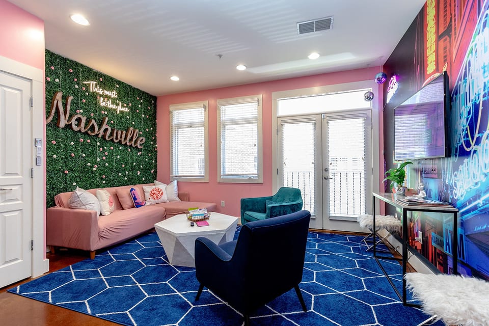 Pink Crazy Living Room with backdrop wall!