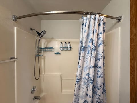 shower with shampoo, conditioner, body soap, hair dryer