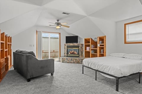 bonus room with tv, fireplace, games, books, pull out couch