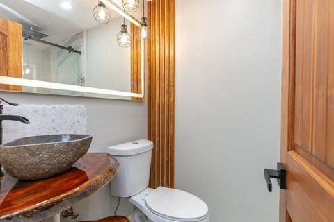 Stylish bathroom featuring a custom live-edge wood vanity, handcrafted stone vessel sink, modern lighting, and a walk-in glass shower. Thoughtfully designed with warm natural finishes and spa-like touches.