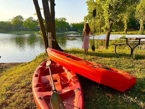 Adult and child kayaks available to use as well as water skiis, outdoor games, and coolers to keep your drinks cold that is located in our backyard shed.