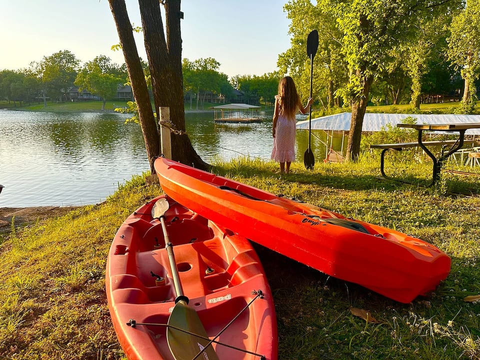 Adult and child kayaks available to use as well as water skiis, outdoor games, and coolers to keep your drinks cold that is located in our backyard shed.