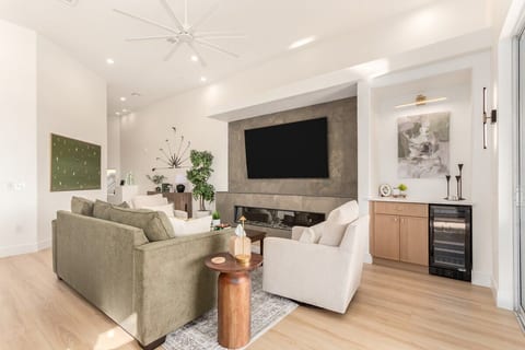 Living Room with Beverage Refrigerator
