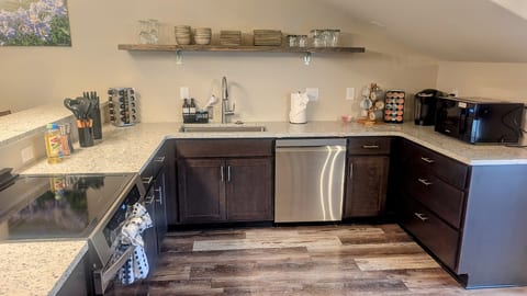 Coffee station, dishwasher, and plenty of counter space