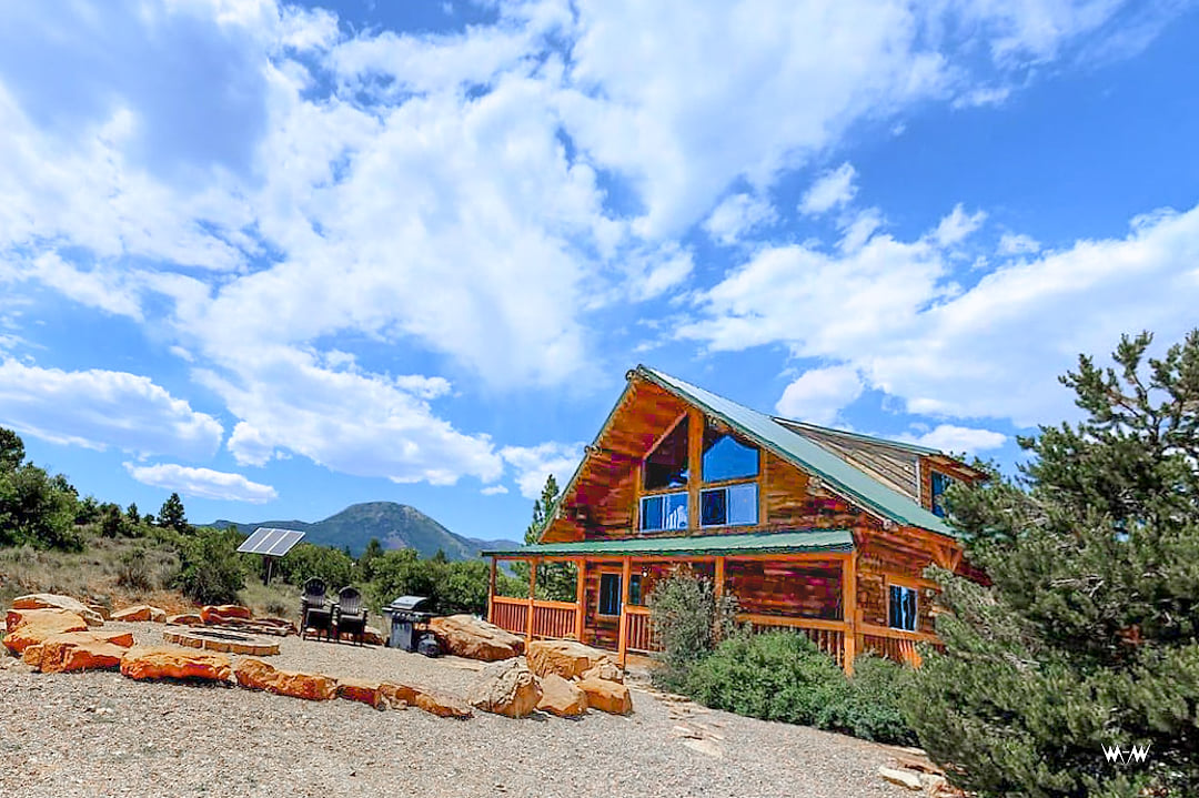 Cabin front and parking area