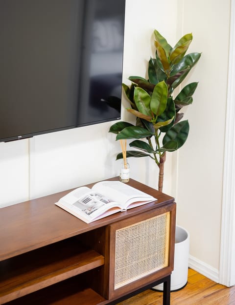 Modern TV corner with cozy minimalist design.