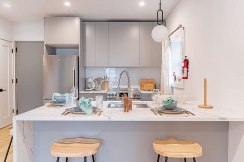 Fully equipped Scandinavian kitchen with stove, fridge and sleek cabinetry in Bushwick