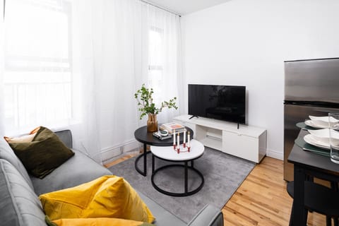 Cozy living room with smart TV, velvet sofa, and natural light
