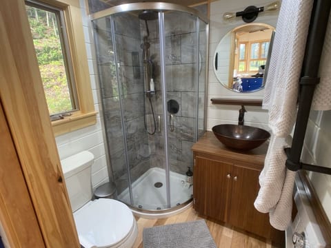 Bathroom with shower and copper sink.