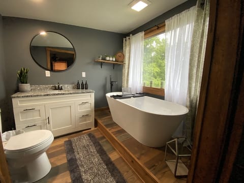 Spa-inspired bathroom with soaking tub and bright window views