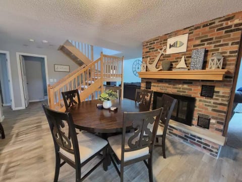 Dining table seats 6. There are 2 additional chairs in the basement if needed.