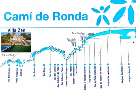 Beaches & Cami de Ronda trail 1.2km walking distance from house.  Each blue point on this map is a beautiful beach.  The distance from left to right is 2km.  All of this a short walk from the house.