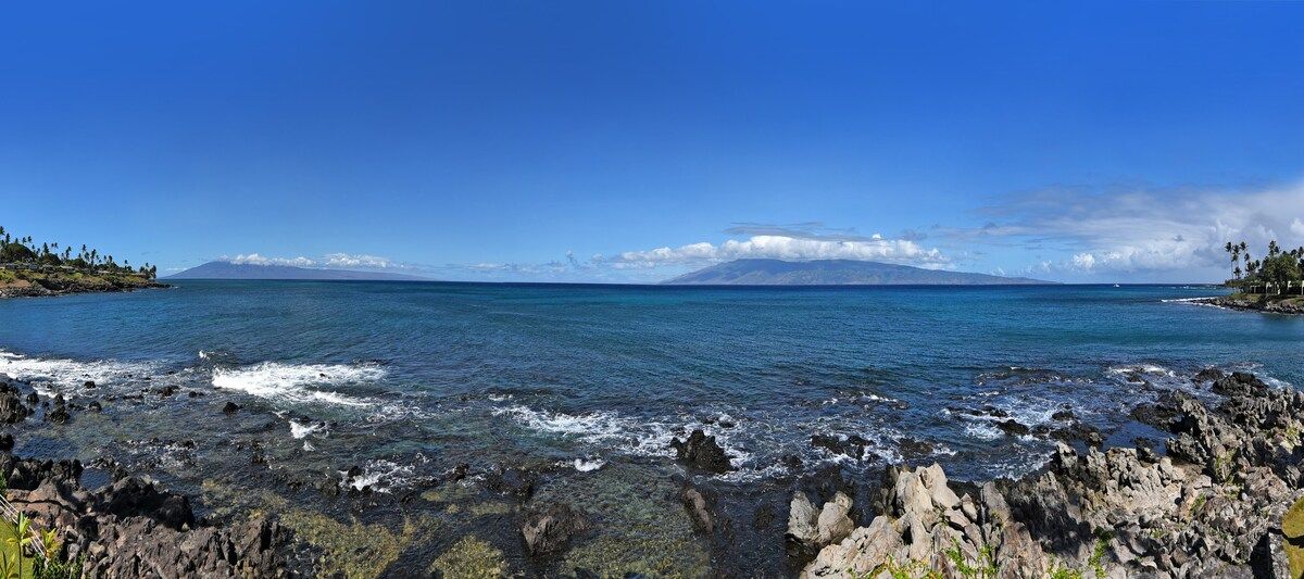 Dual island (Lanai to the left and Molokai to the right) from the shoreline below the home.