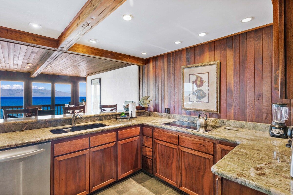 Incredible view of the ocean from the full stoked kitchen area.