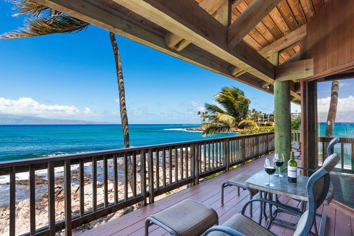 Looking north from the covered lanai you see the northern end of Molokai island and Napili point nestled behind the palms.