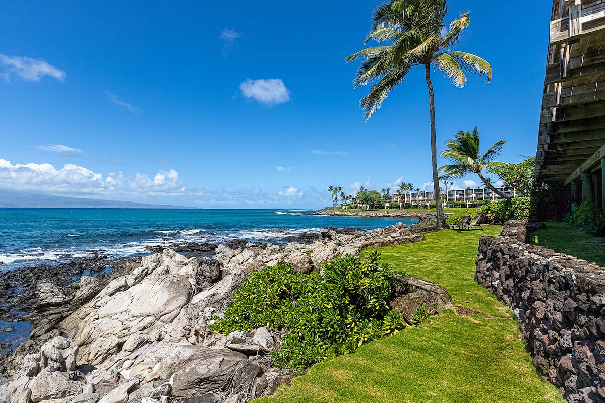 The grassy lawn is perfect for lounging or playing yard games while ocean access is right off the lawn.