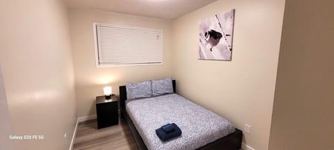 Bedroom on the main floor with a double bed and a bedside chest