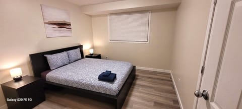 Master bedroom on the main floor with a queen bed and two bedside chests