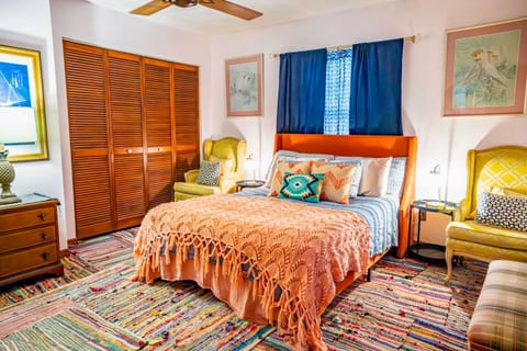 Master bedroom. Queen size bed with featherbed topper (very soft! Removable on request) This bedroom has a private bathroom with walk in shower and double closets