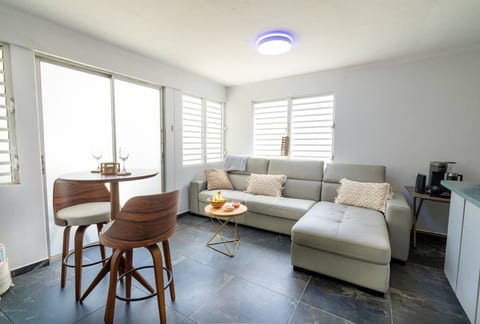 A sun-filled living room with a modern sofa, sleek seating, and an easygoing, coastal feel.