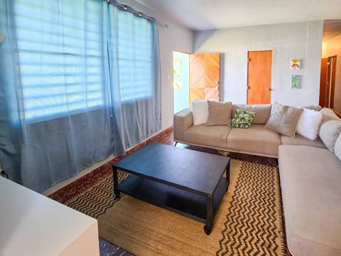 A bright, comfortable living room with a spacious sofa and plenty of natural light perfect for relaxing together.