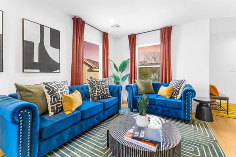 One of our two living rooms with fashionable furnishings and decorations.