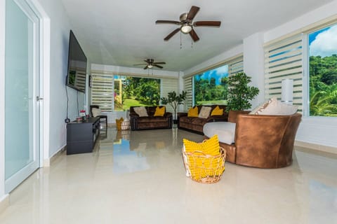 Bright, spacious living room blending indoor comfort with tropical nature views.