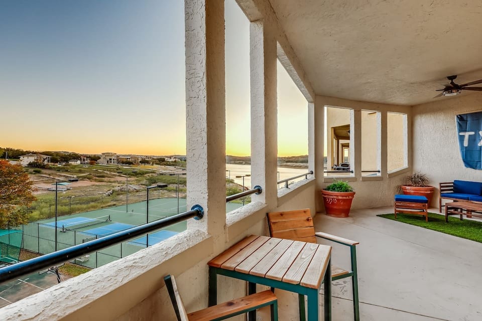 Multiple Seating Areas on Patio with Lake Views