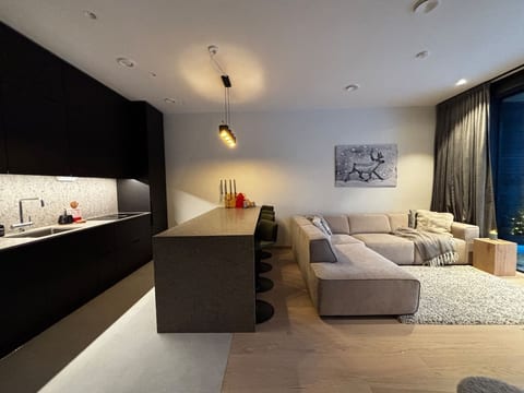 Open plan living room, dining area and kitchen
