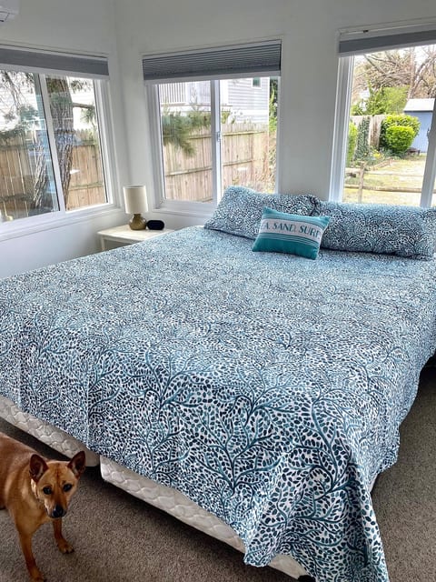 King-size bed (super comfortable) in sunny, relaxing bedroom.
