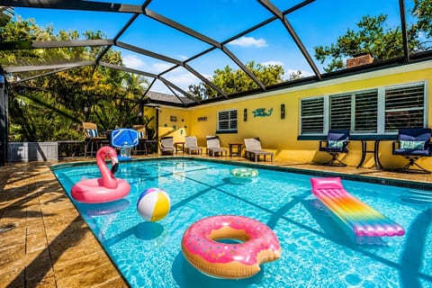 A crystal-clear screened pool surrounded by lush tropical palms and banana trees at Twin Oaks Coastal Luxury in Largo, FL — your private backyard oasis just 5 minutes from the beach.
