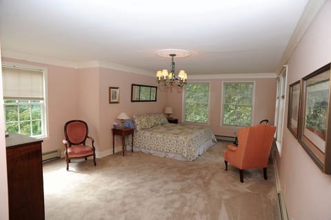 Upstairs bedroom with king bed, private bath, view of river/garden