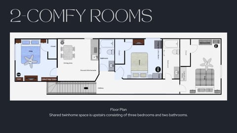 2 Comfy Rooms/Bath + Kitchenette (upstairs)