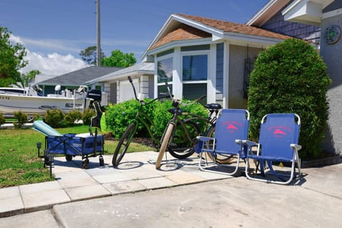 Beach chairs and a utility wagon are available for use.