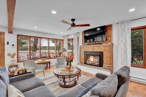 Relax indoors with a picture-perfect view of the lake.