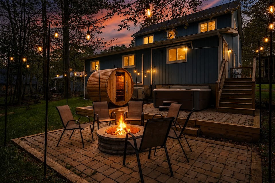 Your backyard oasis awaits! Unwind in the hot tub, relax in the sauna, or gather around the fire pit for cozy evenings under the stars.
